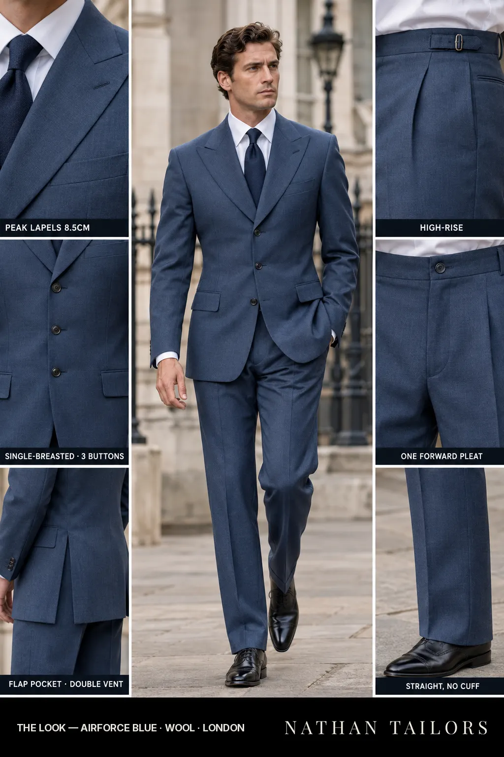 Airforce blue single-breasted bespoke suit — custom tailored by Nathan Tailors, the Hoi An custom tailor