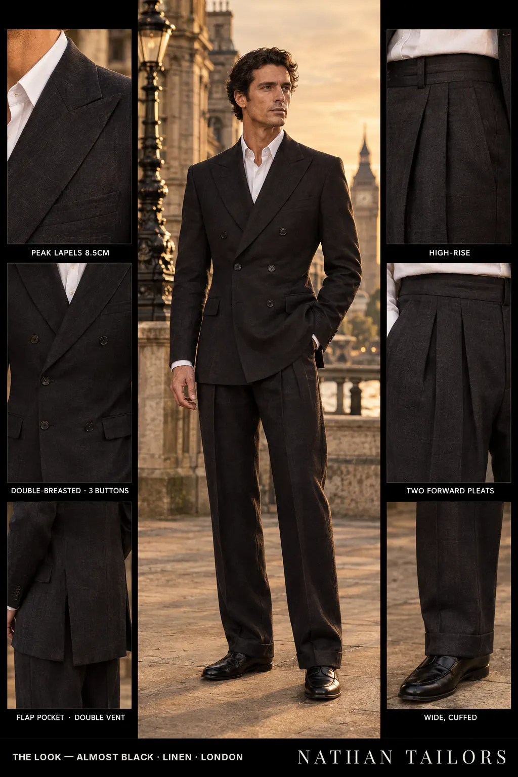 almost black double-breasted bespoke suit — custom tailored by Nathan Tailors, the Hoi An custom tailor