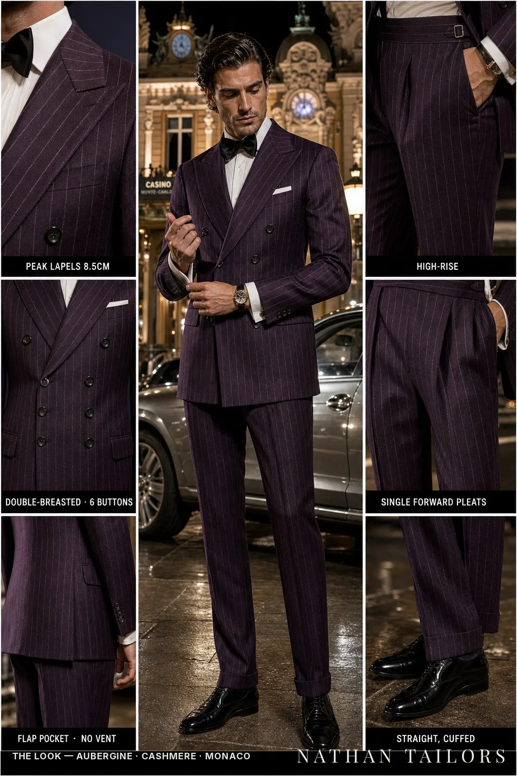 aubergine chalk stripe double-breasted peak-lapel bespoke suit โ AI-rendered by Nathan Tailors, the Hoi An custom tailor. Available as a custom tailored suit from $149.
