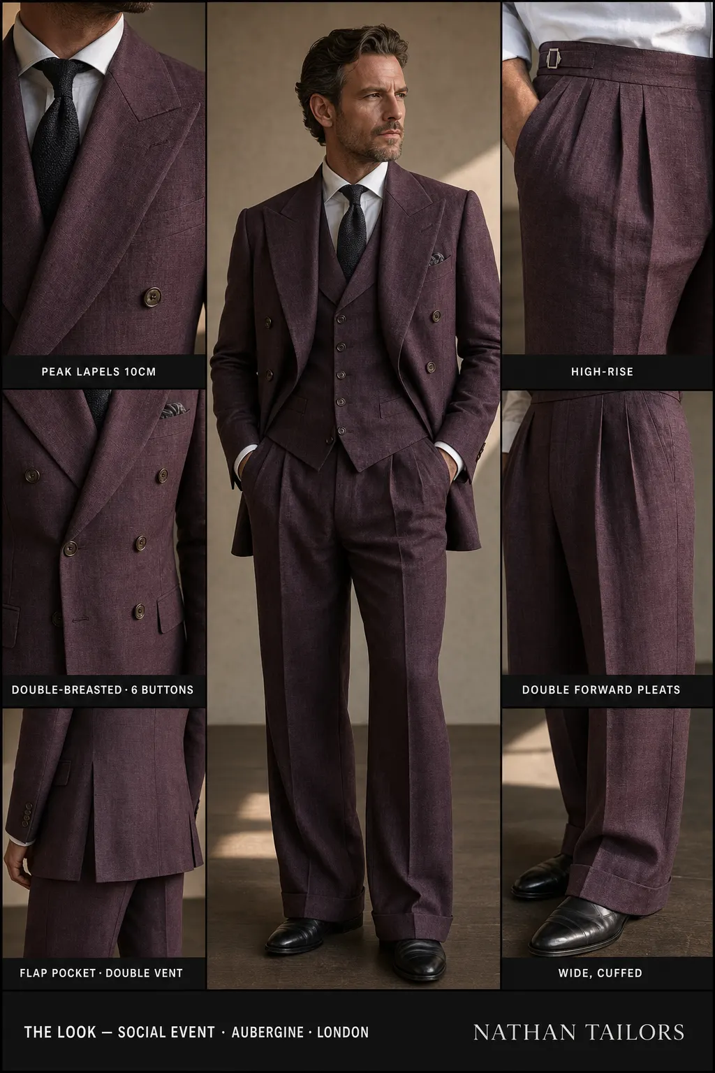 aubergine double-breasted peak-lapel bespoke suit — AI-rendered by Nathan Tailors, the Hoi An custom tailor. Available as a custom tailored suit from $149.