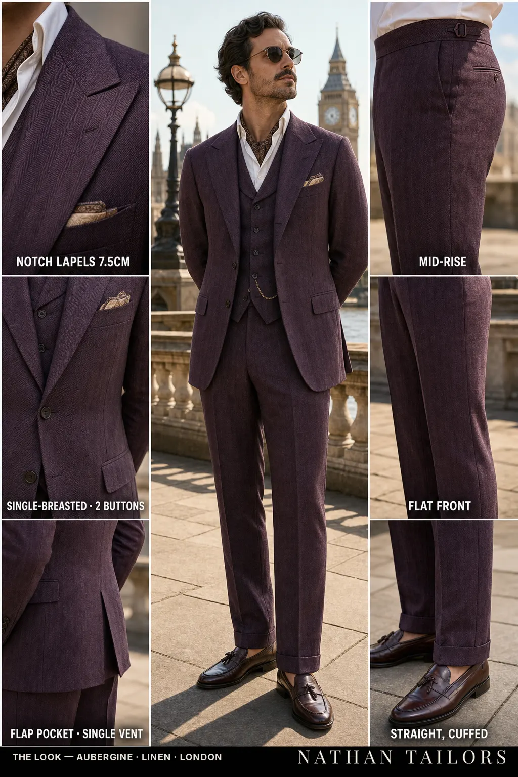 aubergine herringbone single-breasted notch-lapel bespoke suit — AI-rendered by Nathan Tailors, the Hoi An custom tailor. Available as a custom tailored suit from $149.
