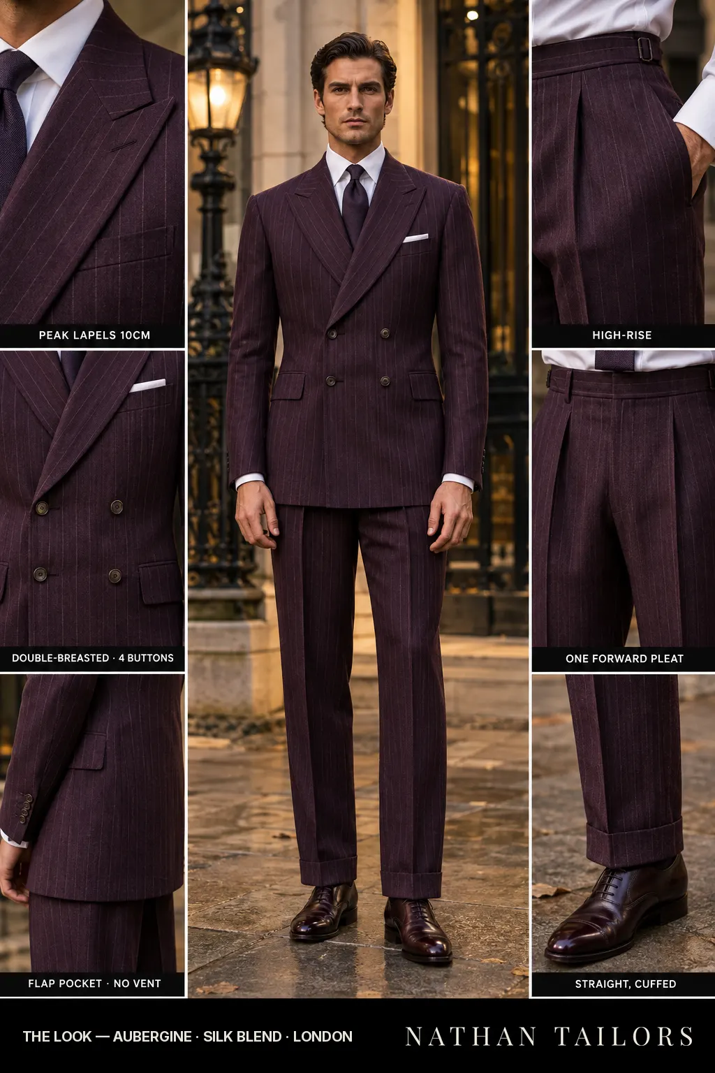 aubergine pinstripe double-breasted peak-lapel bespoke suit — AI-rendered by Nathan Tailors, the Hoi An custom tailor. Available as a custom tailored suit from $149.