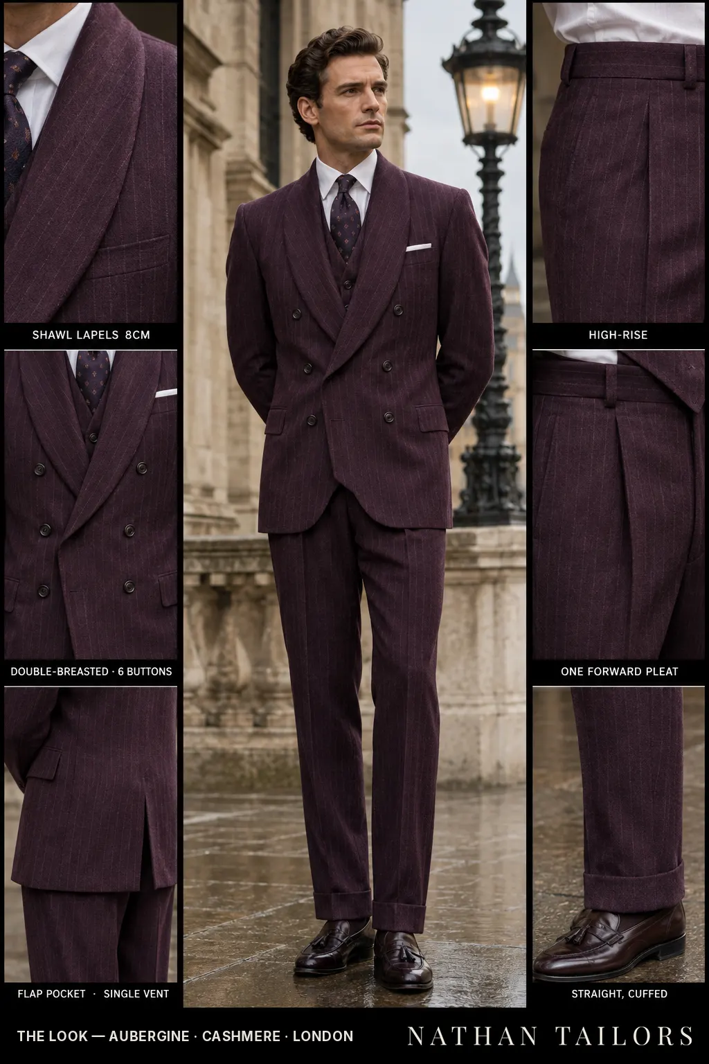 aubergine pinstripe double-breasted bespoke suit — custom tailored by Nathan Tailors, the Hoi An custom tailor
