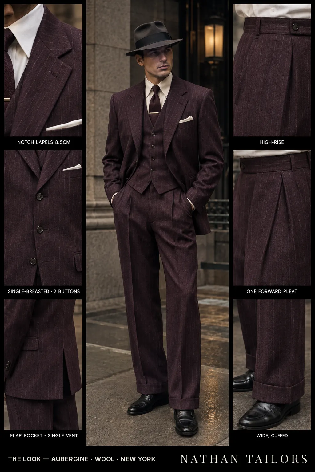 aubergine pinstripe single-breasted bespoke suit — custom tailored by Nathan Tailors, the Hoi An custom tailor