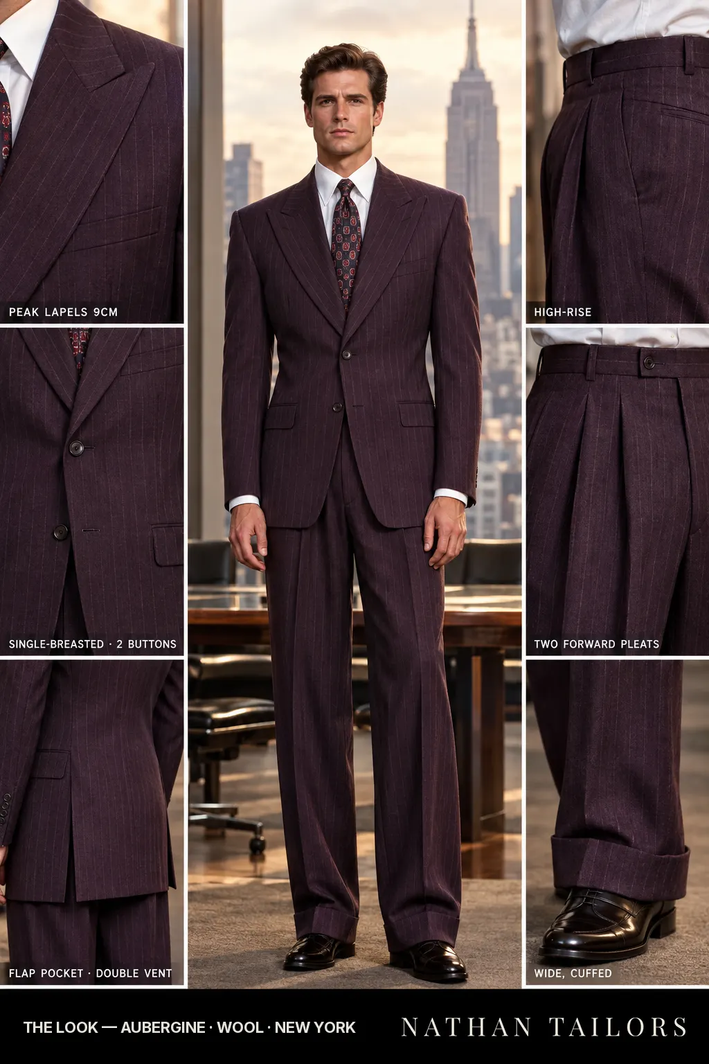 aubergine pinstripe single-breasted peak-lapel bespoke suit โ AI-rendered by Nathan Tailors, the Hoi An custom tailor. Available as a custom tailored suit from $149.