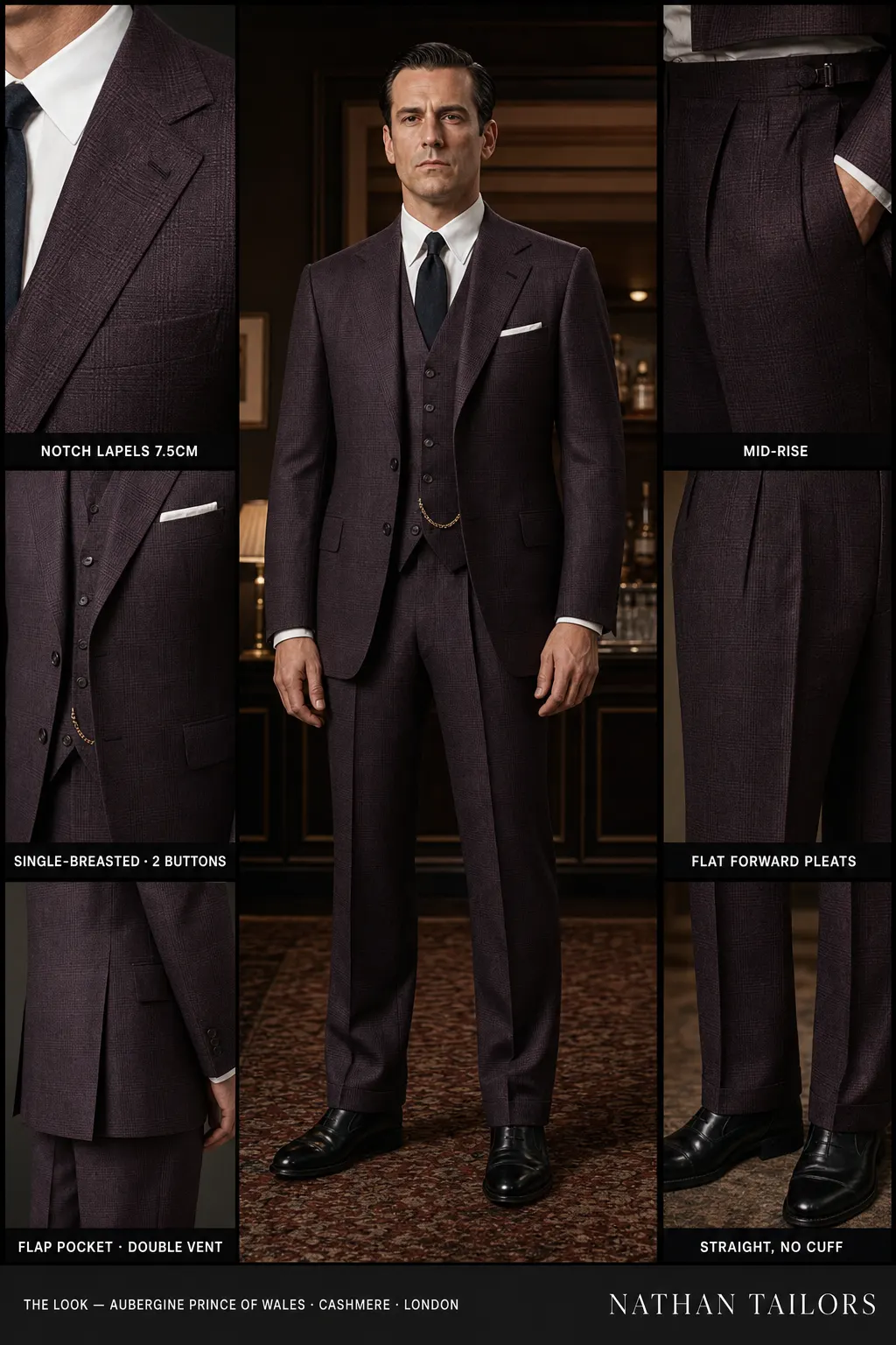aubergine prince of wales glen plaid single-breasted notch-lapel bespoke suit — AI-rendered by Nathan Tailors, the Hoi An custom tailor. Available as a custom tailored suit from $169.