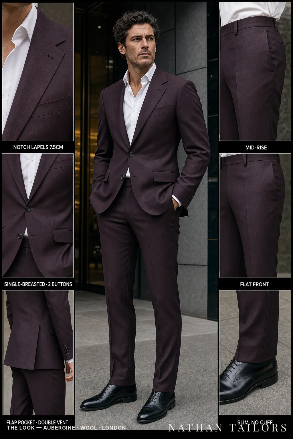 aubergine single-breasted notch-lapel bespoke suit — AI-rendered by Nathan Tailors, the Hoi An custom tailor. Available as a custom tailored suit from $149.