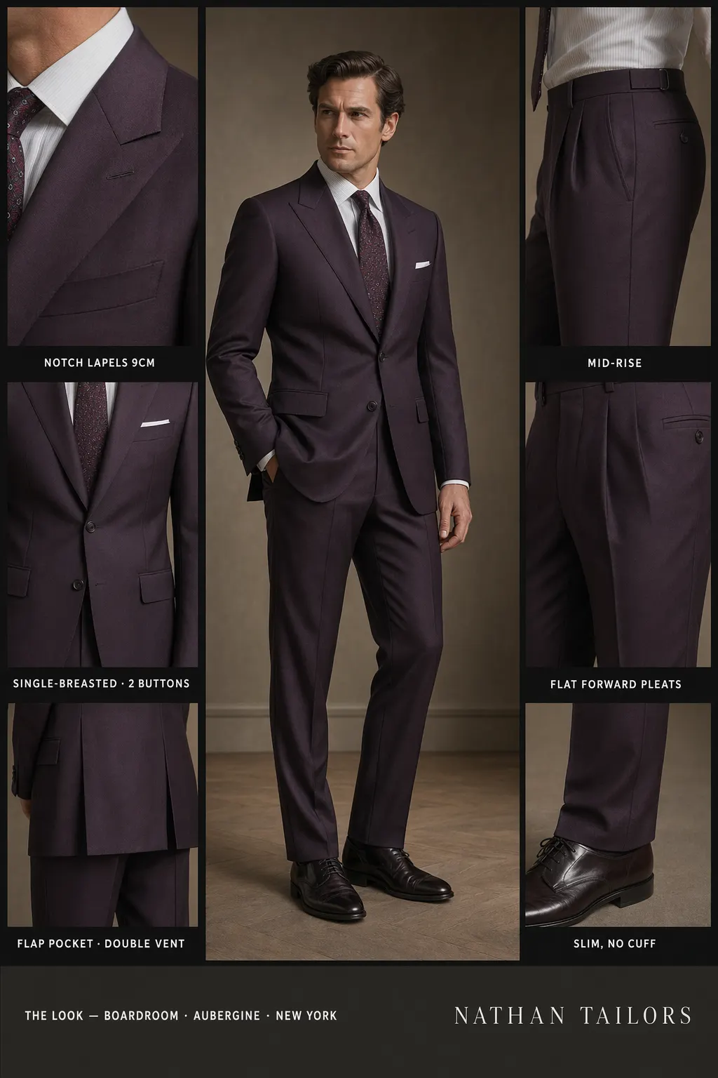 aubergine single-breasted notch-lapel bespoke suit โ AI-rendered by Nathan Tailors, the Hoi An custom tailor. Available as a custom tailored suit from $149.
