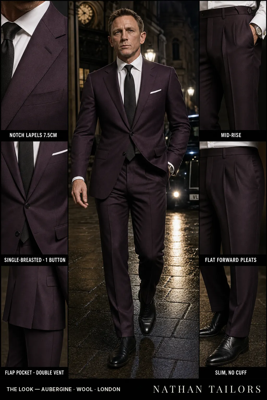 aubergine single-breasted notch-lapel bespoke suit โ AI-rendered by Nathan Tailors, the Hoi An custom tailor. Available as a custom tailored suit from $149.