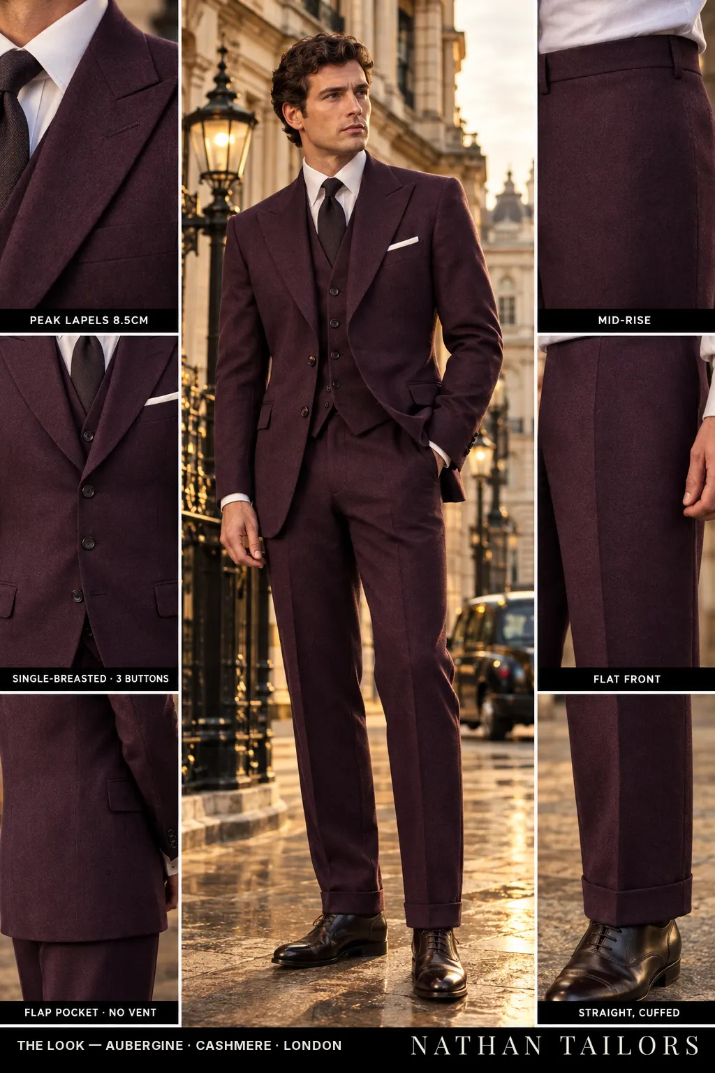 aubergine single-breasted peak-lapel bespoke suit โ AI-rendered by Nathan Tailors, the Hoi An custom tailor. Available as a custom tailored suit from $149.