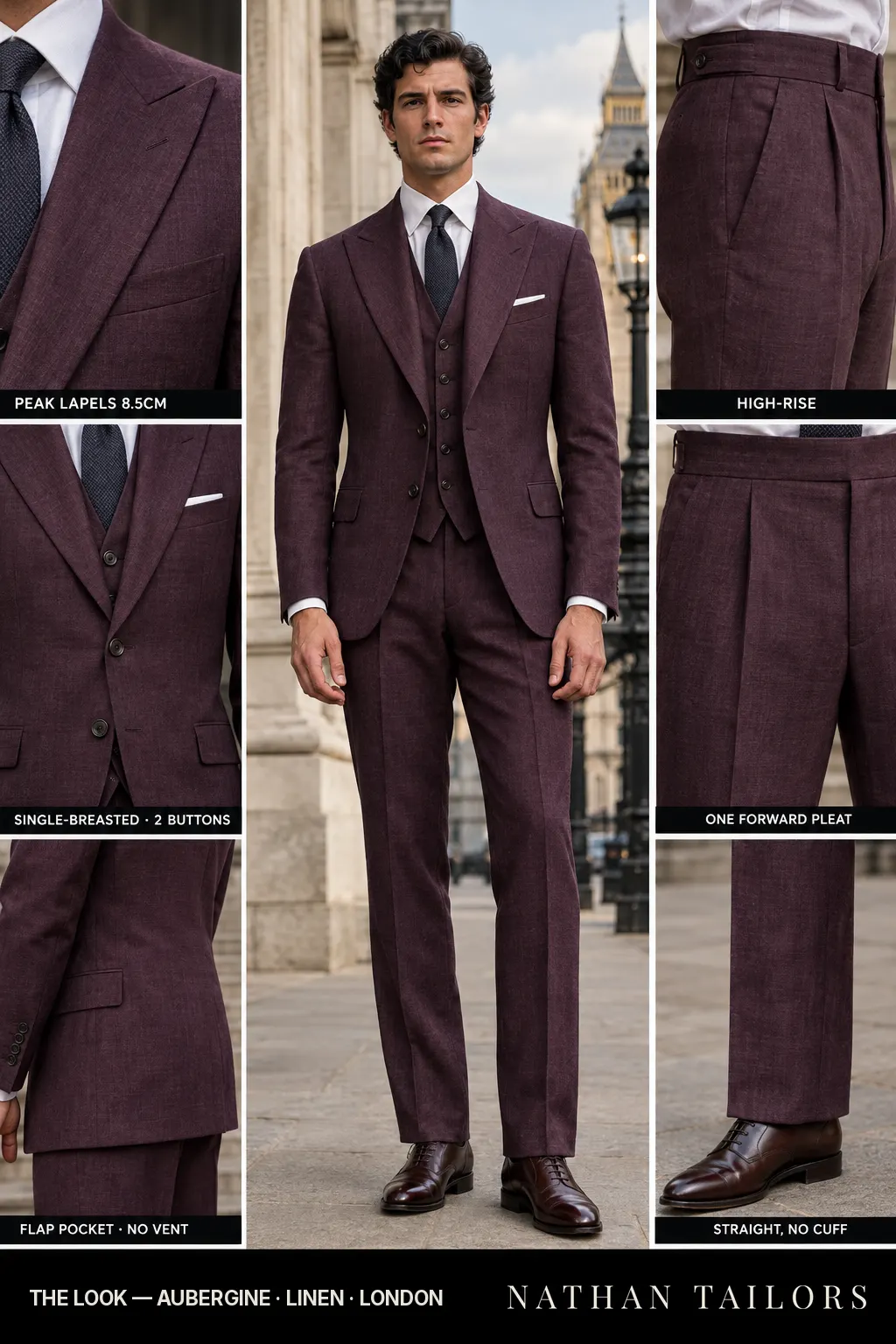 aubergine single-breasted bespoke suit — custom tailored by Nathan Tailors, the Hoi An custom tailor