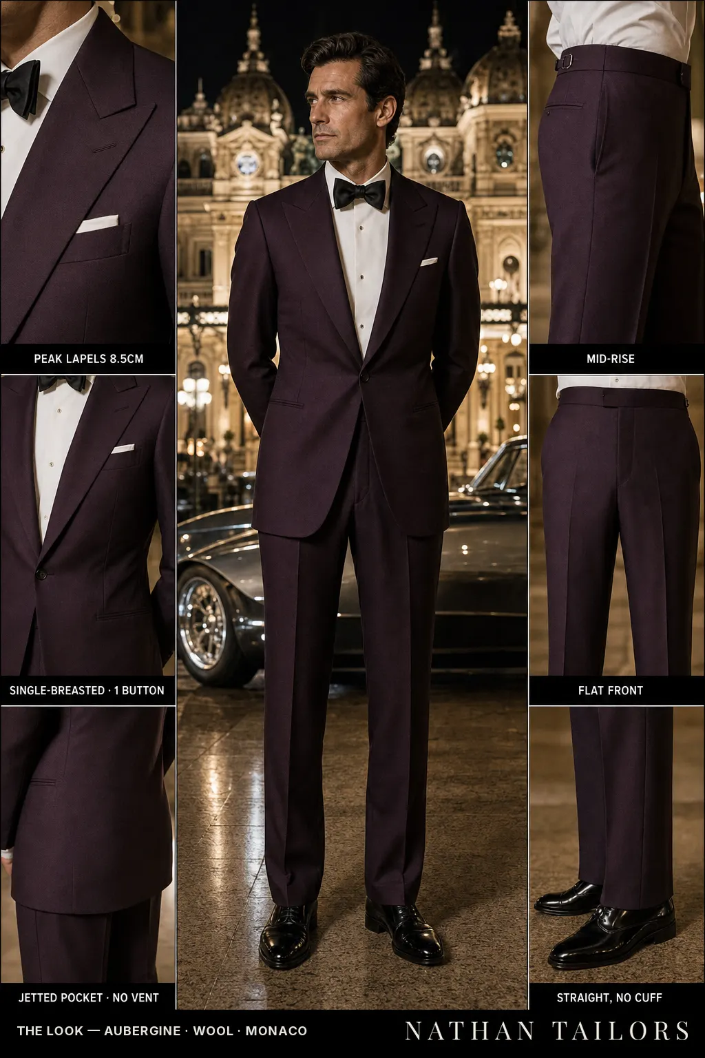 aubergine single-breasted peak-lapel bespoke suit โ AI-rendered by Nathan Tailors, the Hoi An custom tailor. Available as a custom tailored suit from $149.