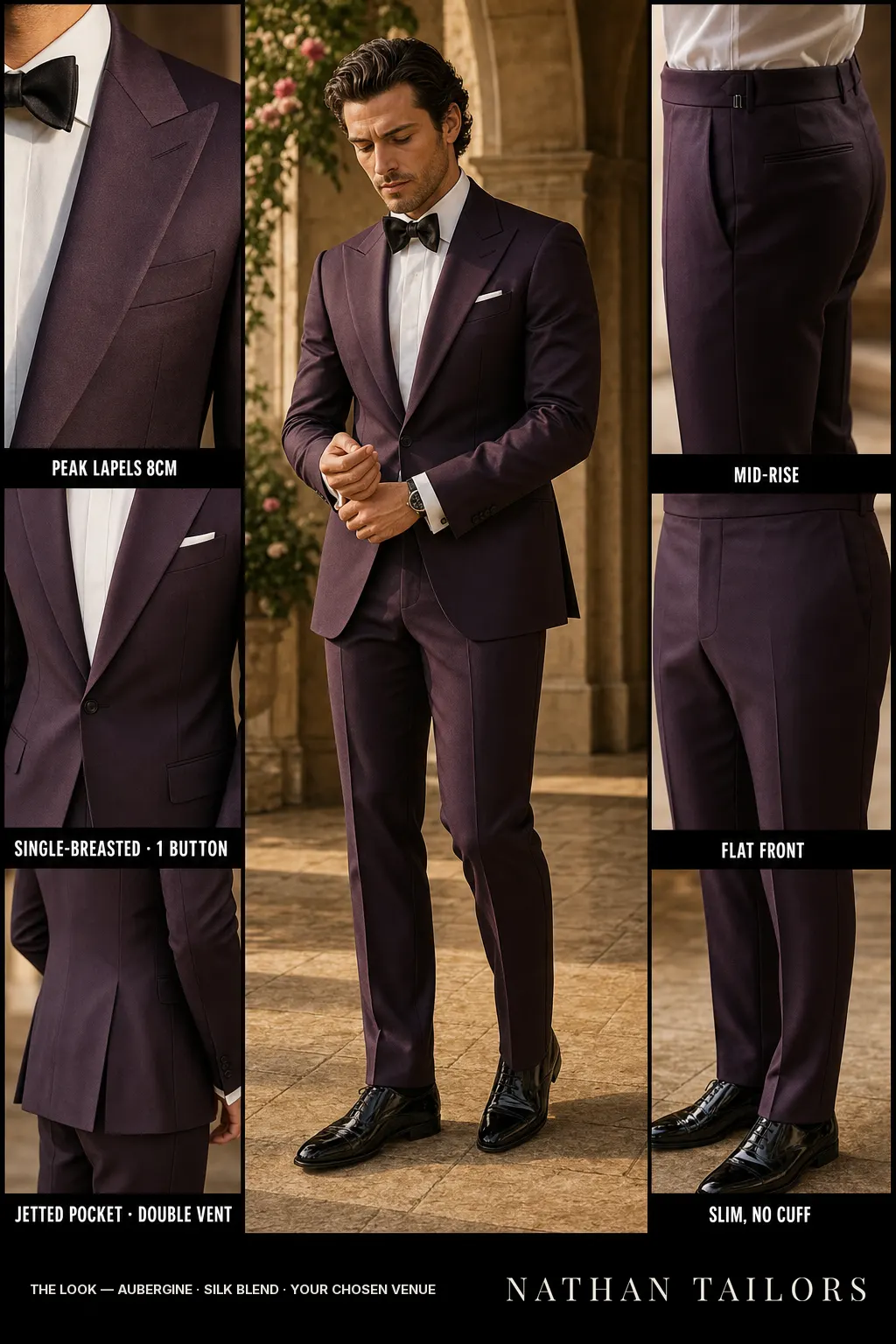 aubergine single-breasted peak-lapel bespoke suit โ AI-rendered by Nathan Tailors, the Hoi An custom tailor. Available as a custom tailored suit from $149.