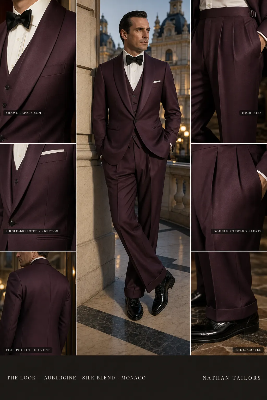 aubergine single-breasted shawl-lapel bespoke suit — AI-rendered by Nathan Tailors, the Hoi An custom tailor. Available as a custom tailored suit from $149.