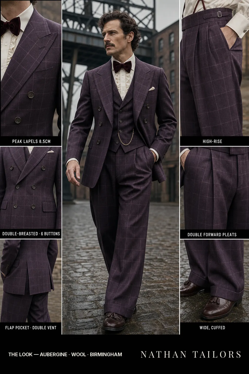 aubergine windowpane double-breasted peak-lapel bespoke suit โ AI-rendered by Nathan Tailors, the Hoi An custom tailor. Available as a custom tailored suit from $149.