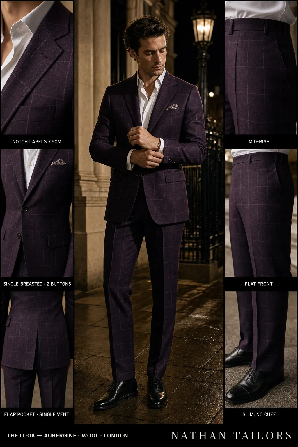 aubergine windowpane single-breasted notch-lapel bespoke suit — AI-rendered by Nathan Tailors, the Hoi An custom tailor. Available as a custom tailored suit from $149.