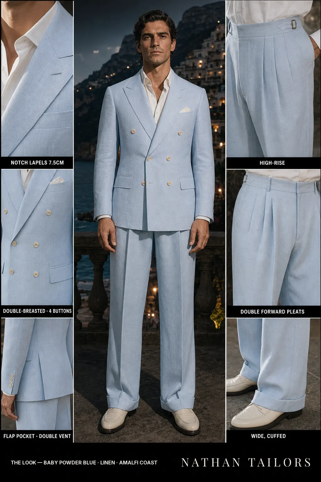 baby powder blue double-breasted notch-lapel bespoke suit — AI-rendered by Nathan Tailors, the Hoi An custom tailor. Available as a custom tailored suit from $149.