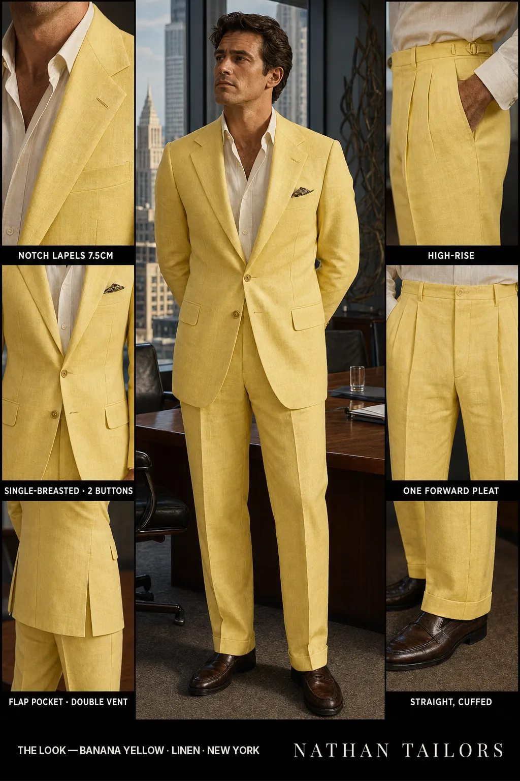 banana yellow single-breasted notch-lapel bespoke suit — AI-rendered by Nathan Tailors, the Hoi An custom tailor. Available as a custom tailored suit from $149.