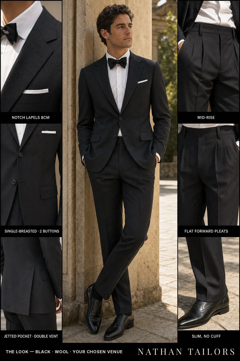 black birdseye single-breasted notch-lapel bespoke suit โ AI-rendered by Nathan Tailors, the Hoi An custom tailor. Available as a custom tailored suit from $149.