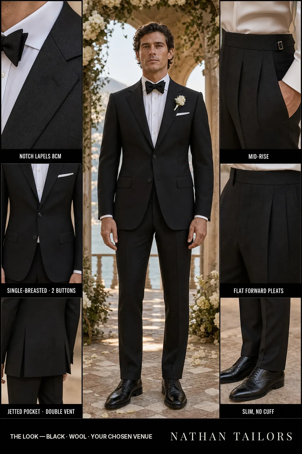 black birdseye single-breasted notch-lapel bespoke suit — AI-rendered by Nathan Tailors, the Hoi An custom tailor. Available as a custom tailored suit from $149.