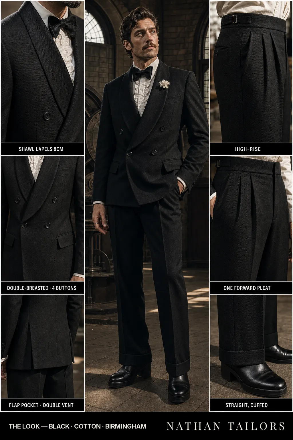 black herringbone double-breasted shawl-lapel bespoke suit — AI-rendered by Nathan Tailors, the Hoi An custom tailor. Available as a custom tailored suit from $149.