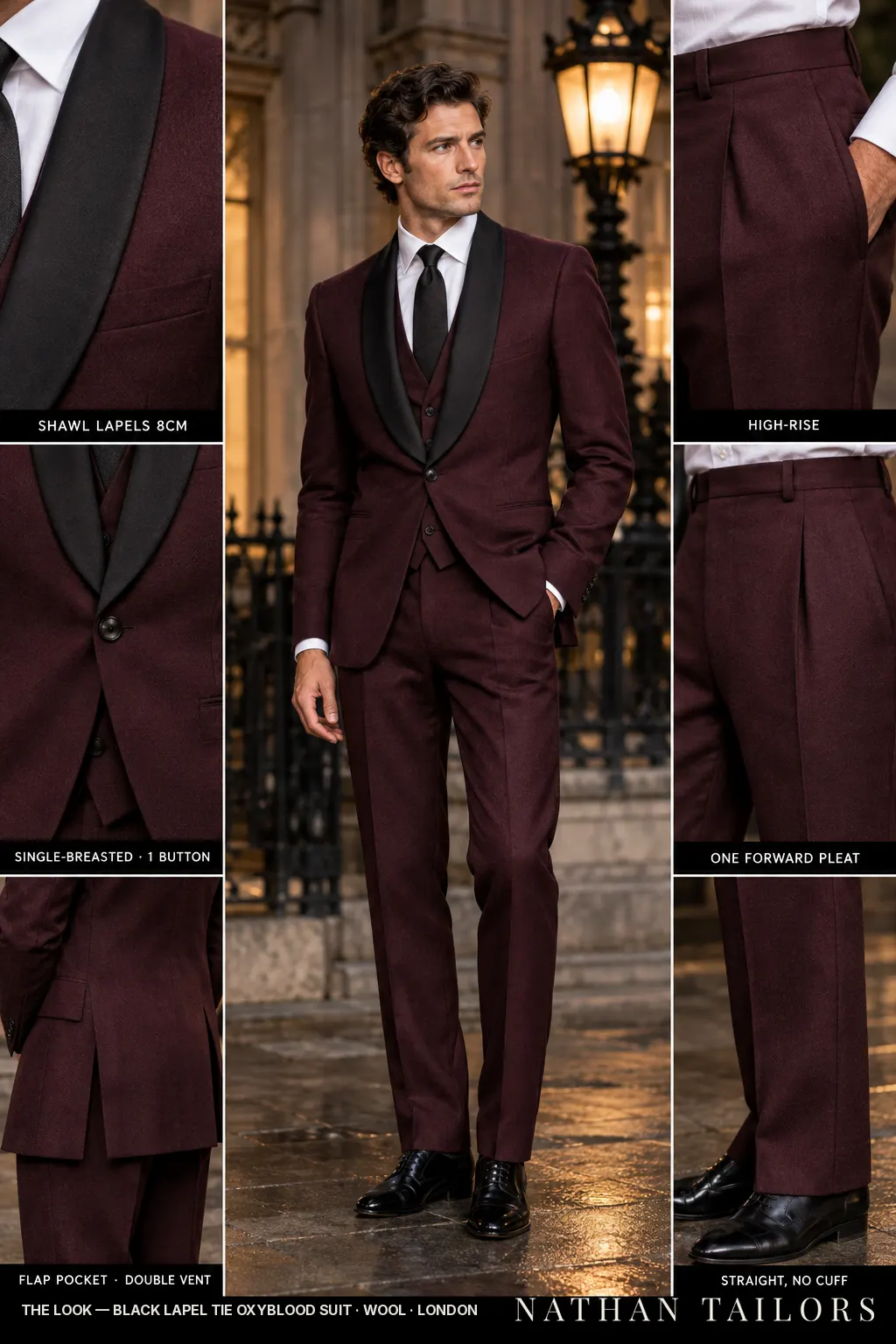 black lapel tie oxyblood suit single-breasted bespoke suit โ custom tailored by Nathan Tailors, the Hoi An custom tailor