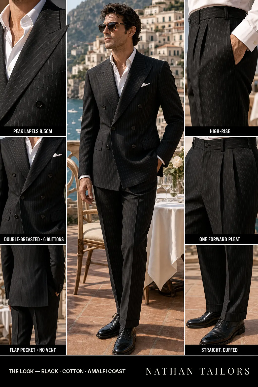black pinstripe double-breasted peak-lapel bespoke suit — AI-rendered by Nathan Tailors, the Hoi An custom tailor. Available as a custom tailored suit from $149.