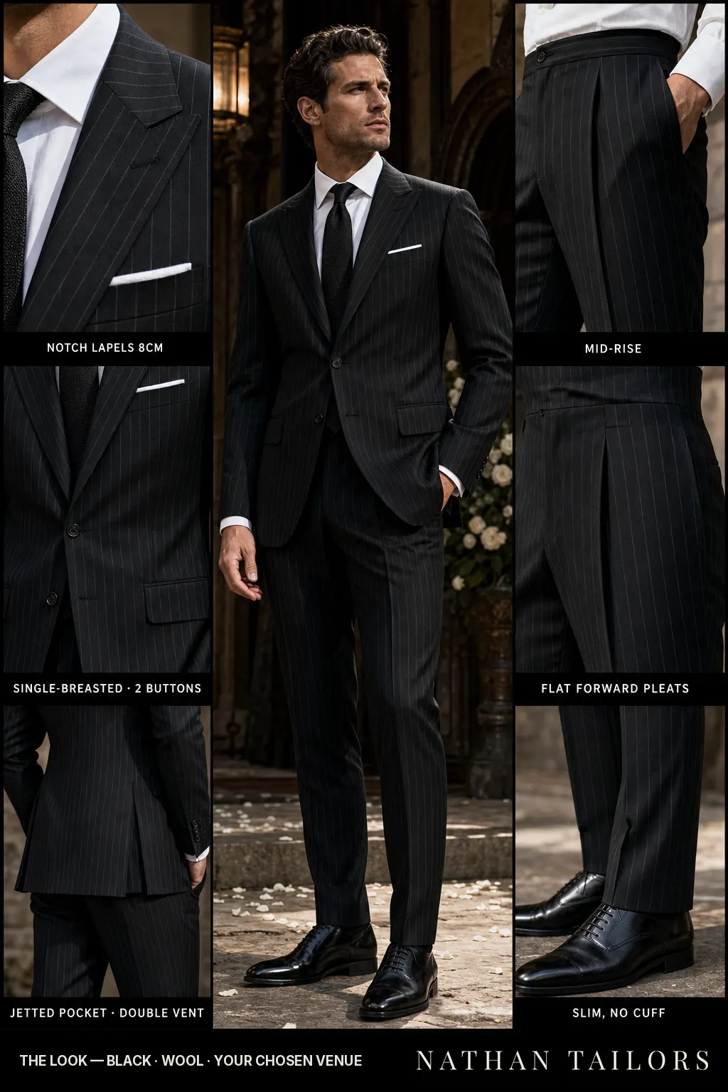 black pinstripe single-breasted notch-lapel bespoke suit — AI-rendered by Nathan Tailors, the Hoi An custom tailor. Available as a custom tailored suit from $149.