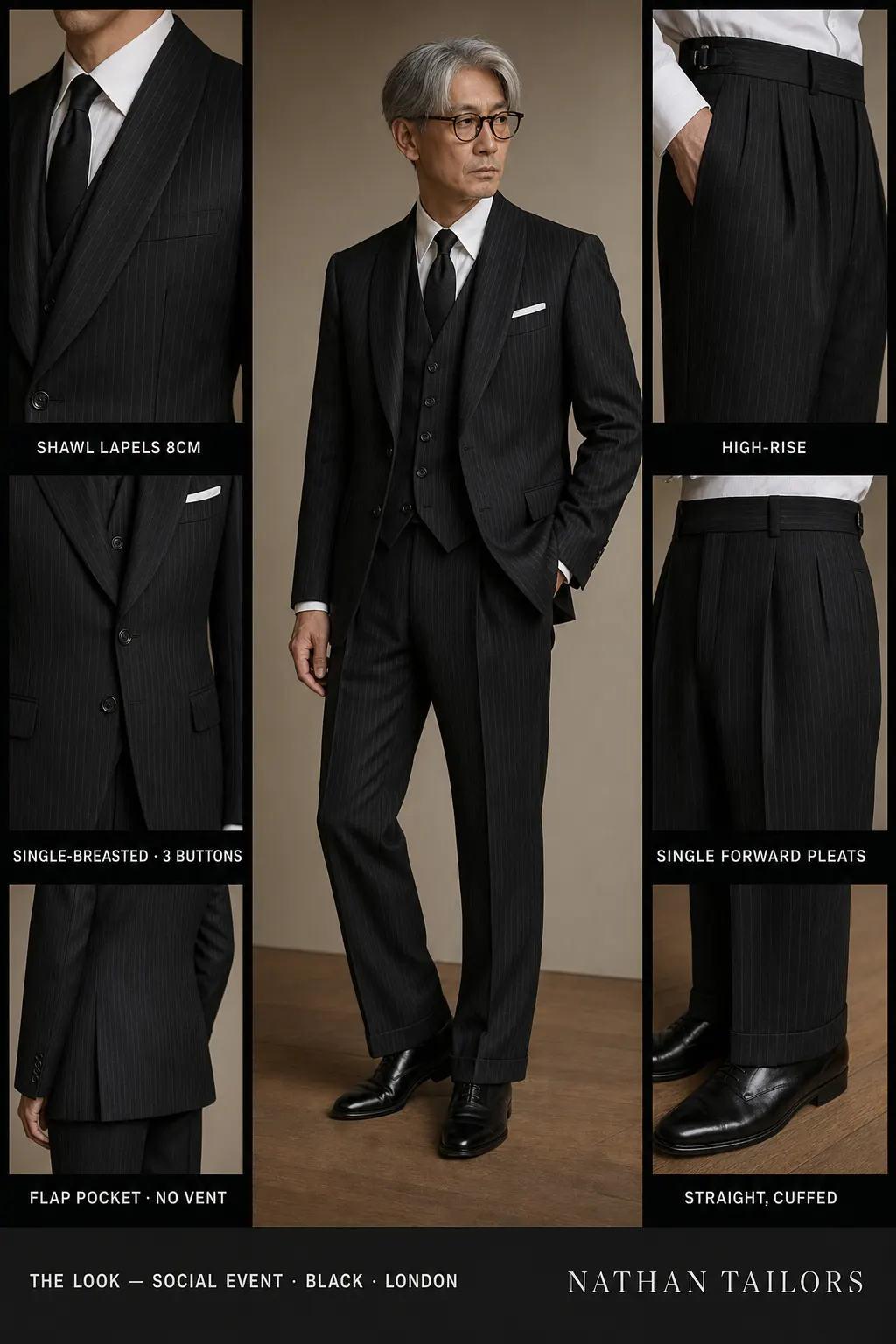 black pinstripe single-breasted shawl-lapel bespoke suit — AI-rendered by Nathan Tailors, the Hoi An custom tailor. Available as a custom tailored suit from $149.