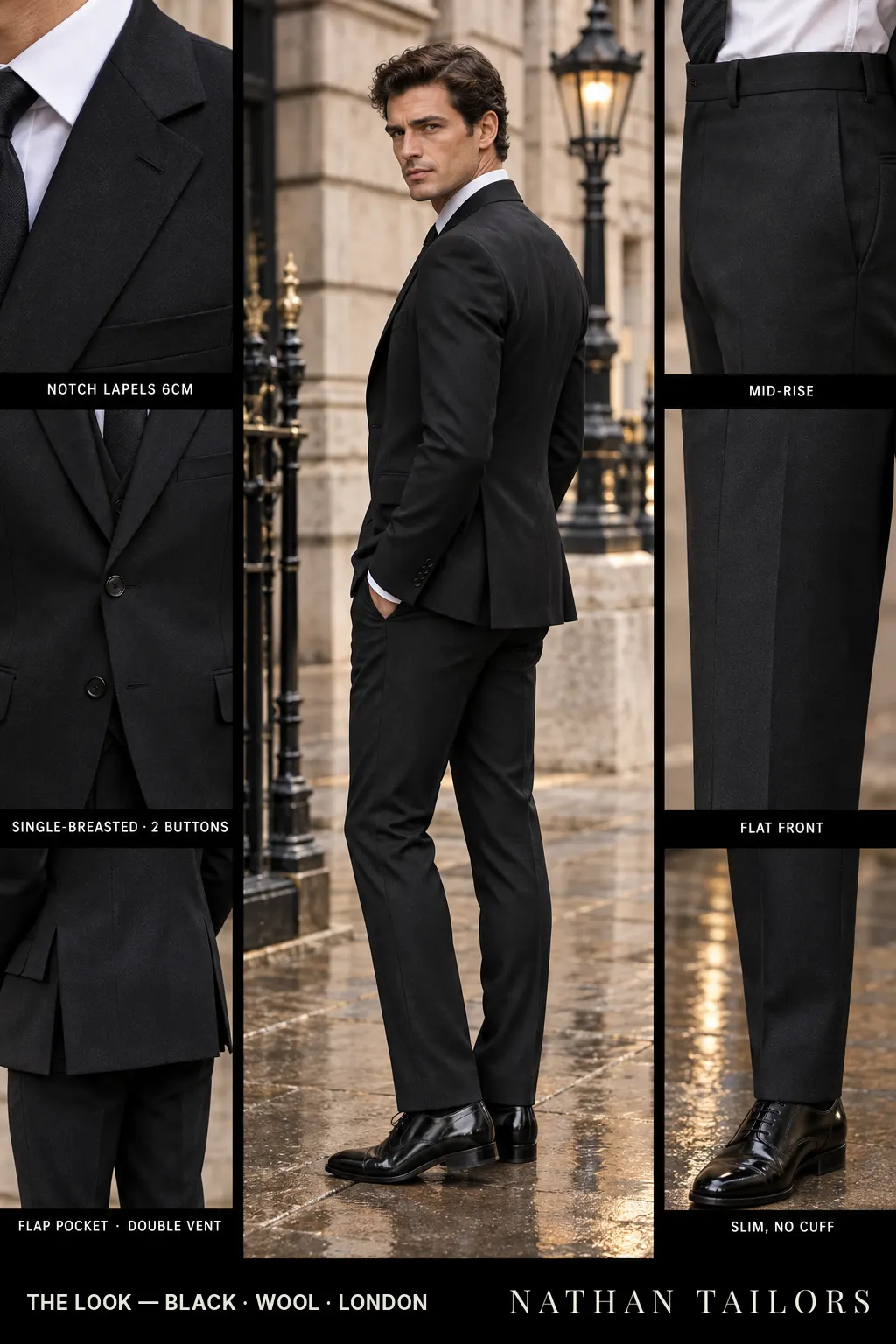 black single-breasted bespoke suit — custom tailored by Nathan Tailors, the Hoi An custom tailor