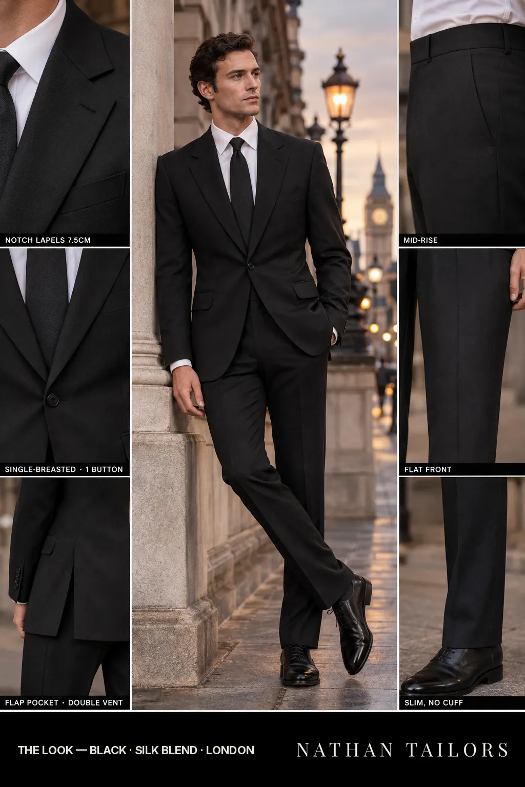 black single-breasted bespoke suit — custom tailored by Nathan Tailors, the Hoi An custom tailor