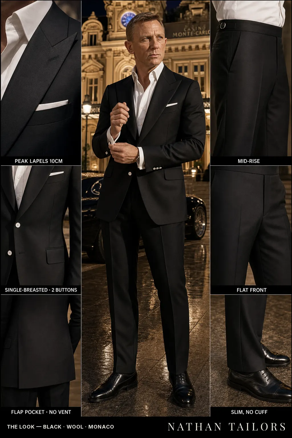 black single-breasted peak-lapel bespoke suit — AI-rendered by Nathan Tailors, the Hoi An custom tailor. Available as a custom tailored suit from $149.