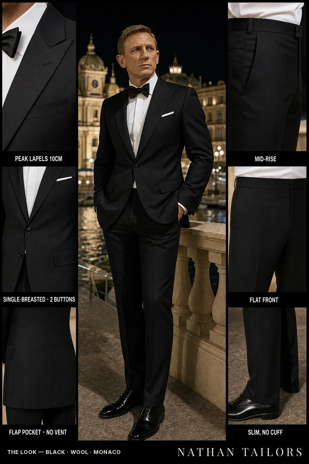 black single-breasted peak-lapel bespoke suit — AI-rendered by Nathan Tailors, the Hoi An custom tailor. Available as a custom tailored suit from $149.