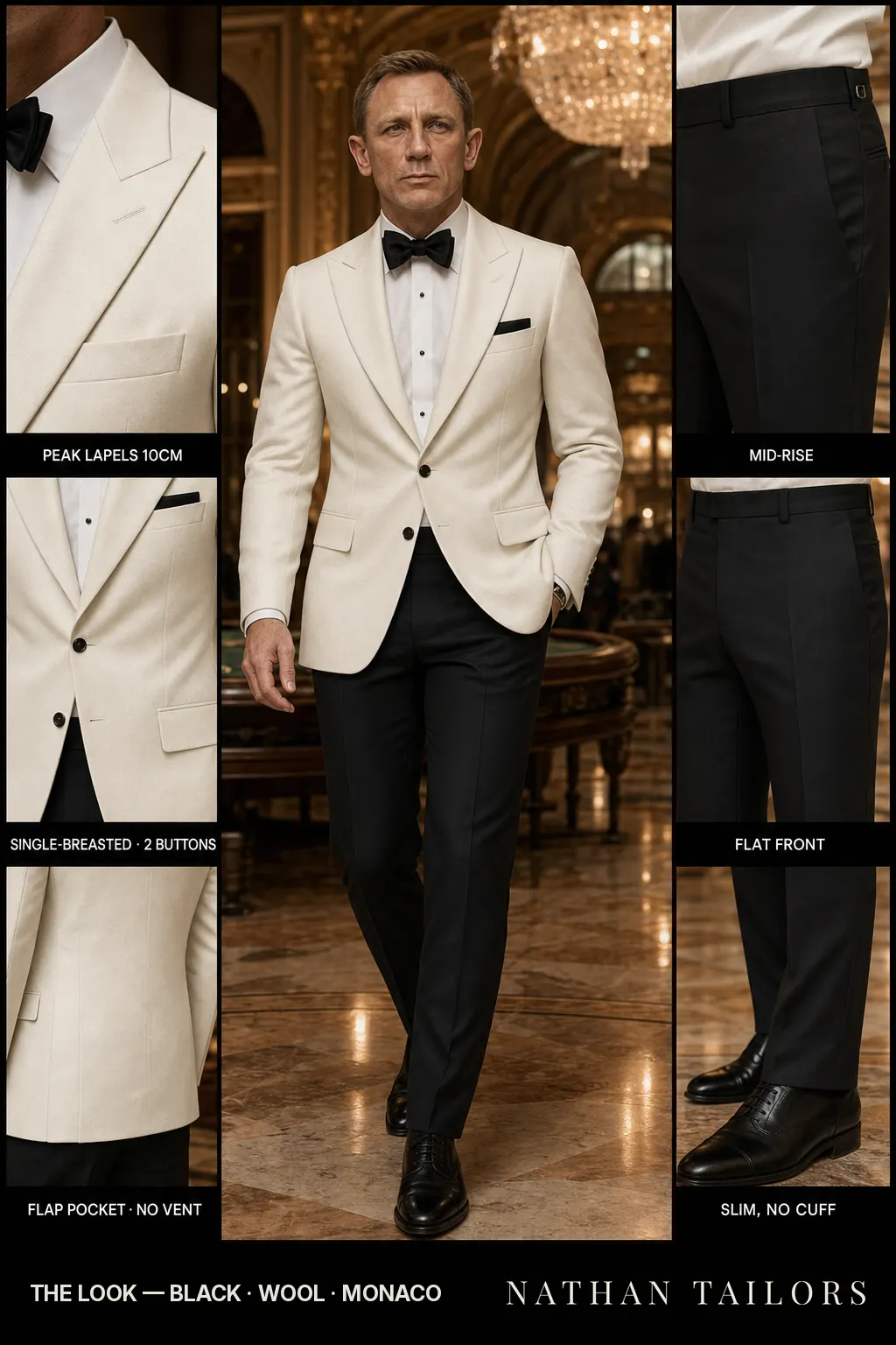 black single-breasted peak-lapel bespoke suit — AI-rendered by Nathan Tailors, the Hoi An custom tailor. Available as a custom tailored suit from $149.