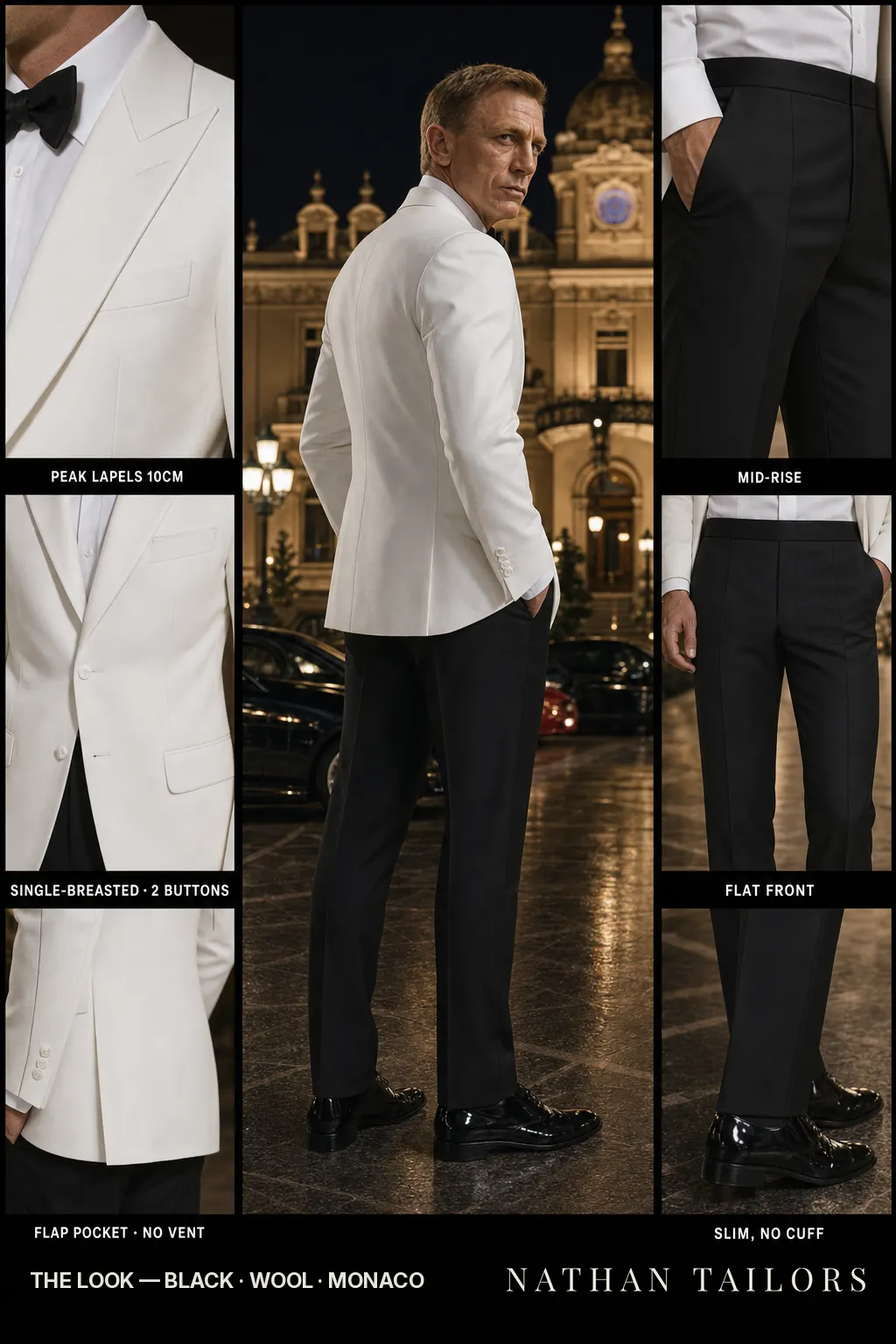 black single-breasted peak-lapel bespoke suit — AI-rendered by Nathan Tailors, the Hoi An custom tailor. Available as a custom tailored suit from $149.
