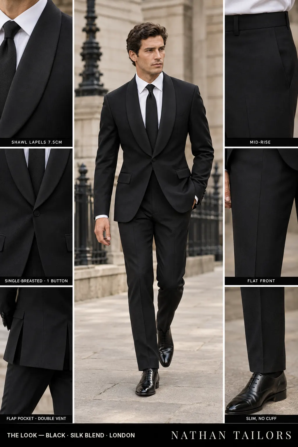 black single-breasted shawl-lapel bespoke suit — AI-rendered by Nathan Tailors, the Hoi An custom tailor. Available as a custom tailored suit from $149.