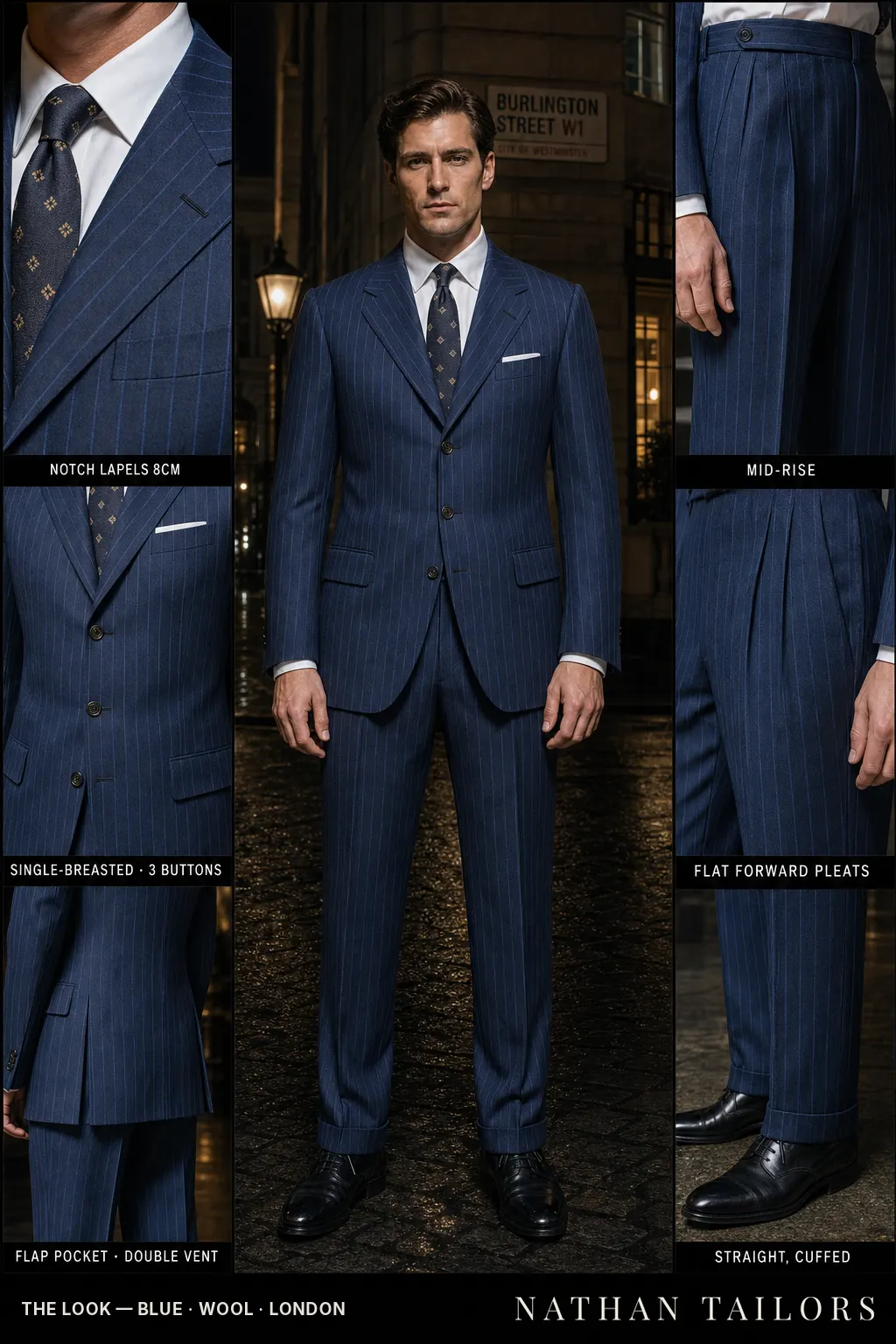 blue pinstripe single-breasted notch-lapel bespoke suit — AI-rendered by Nathan Tailors, the Hoi An custom tailor. Available as a custom tailored suit from $149.