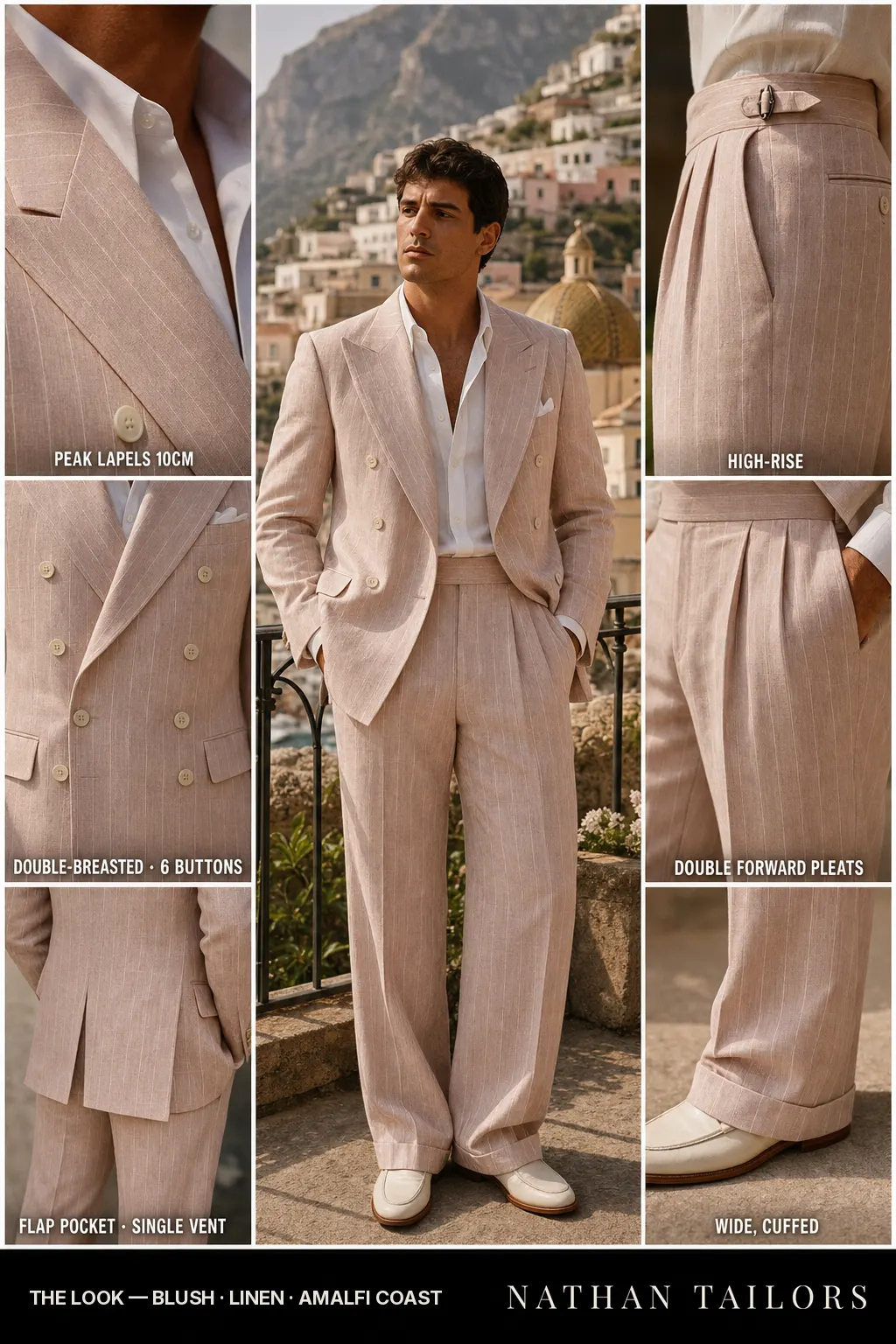 blush chalk stripe double-breasted peak-lapel bespoke suit — AI-rendered by Nathan Tailors, the Hoi An custom tailor. Available as a custom tailored suit from $149.