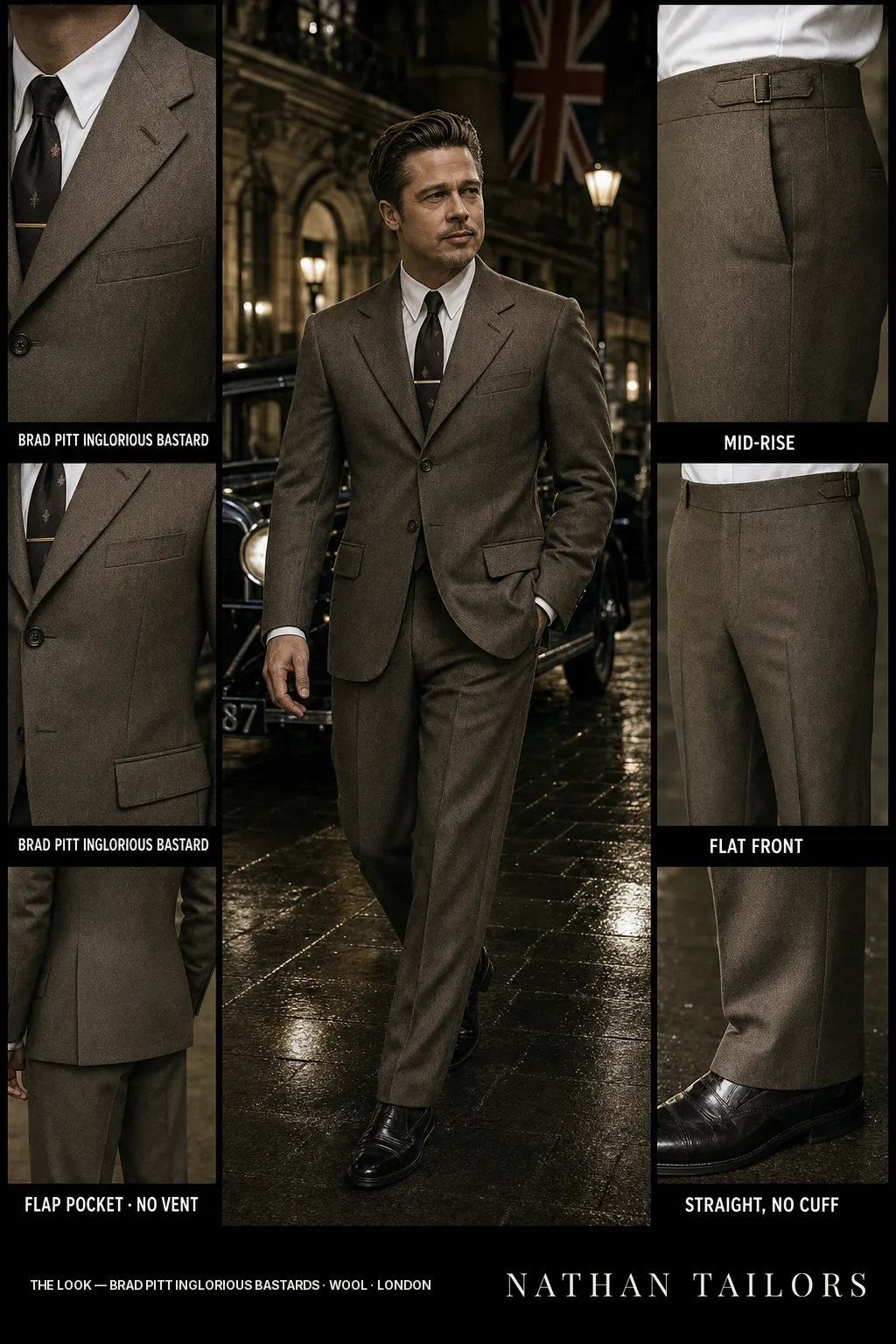 Brad Pitt inglorious bastards single-breasted notch-lapel bespoke suit — AI-rendered by Nathan Tailors, the Hoi An custom tailor. Available as a custom tailored suit from $149.