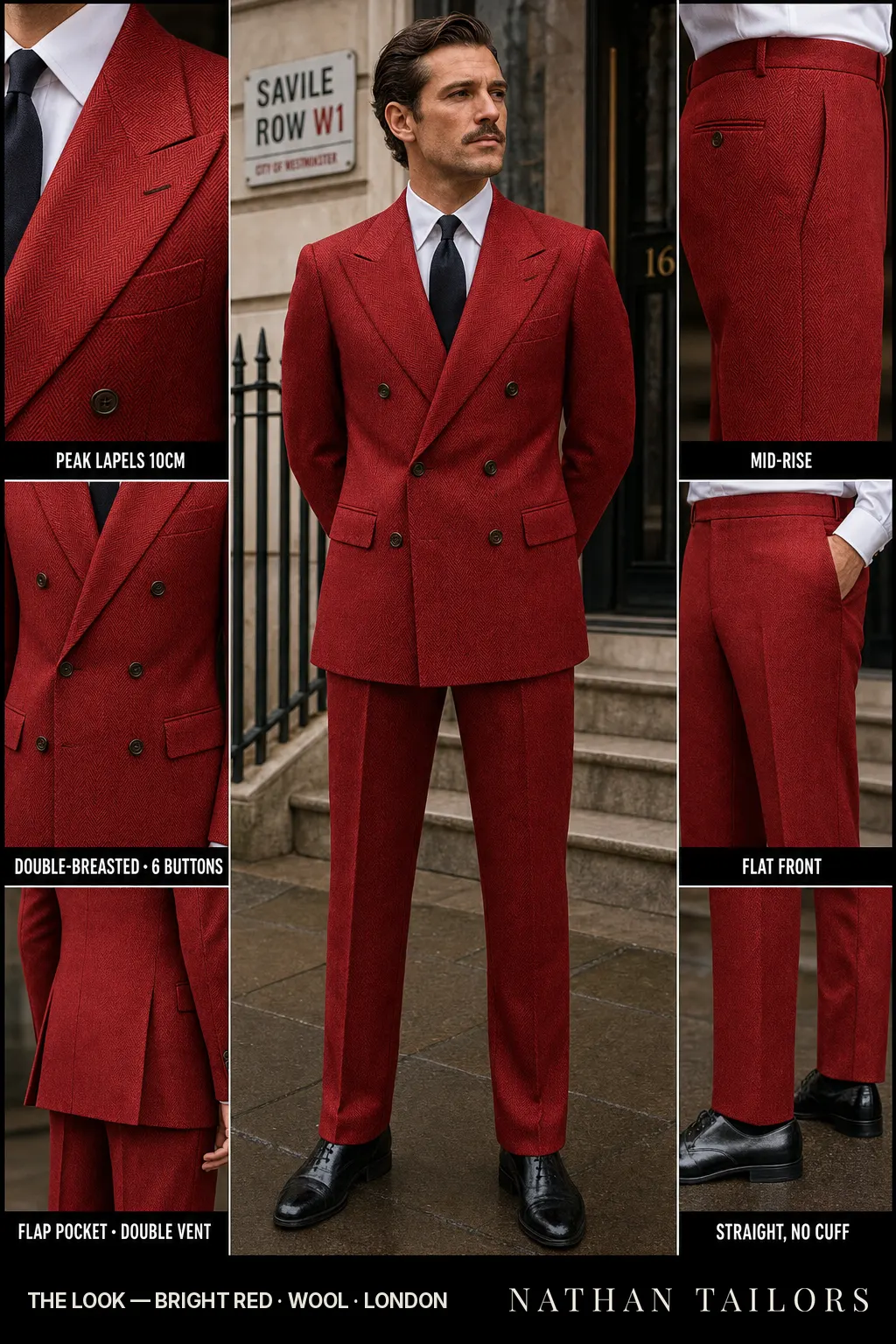 bright red herringbone double-breasted peak-lapel bespoke suit โ AI-rendered by Nathan Tailors, the Hoi An custom tailor. Available as a custom tailored suit from $149.