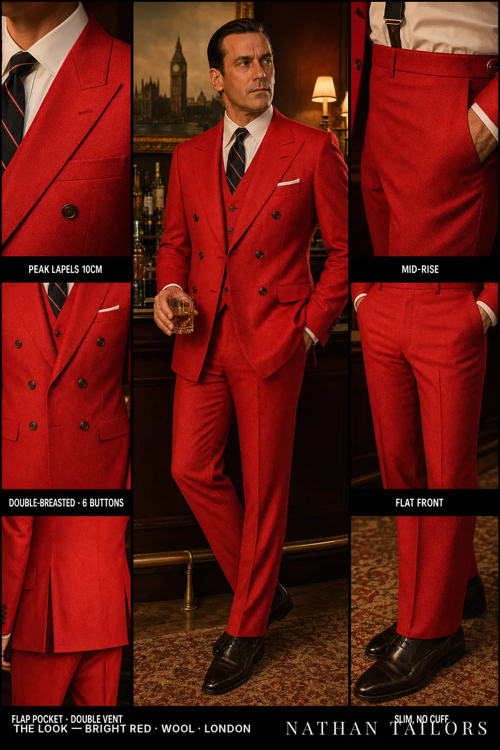 bright red herringbone double-breasted peak-lapel bespoke suit — AI-rendered by Nathan Tailors, the Hoi An custom tailor. Available as a custom tailored suit from $149.