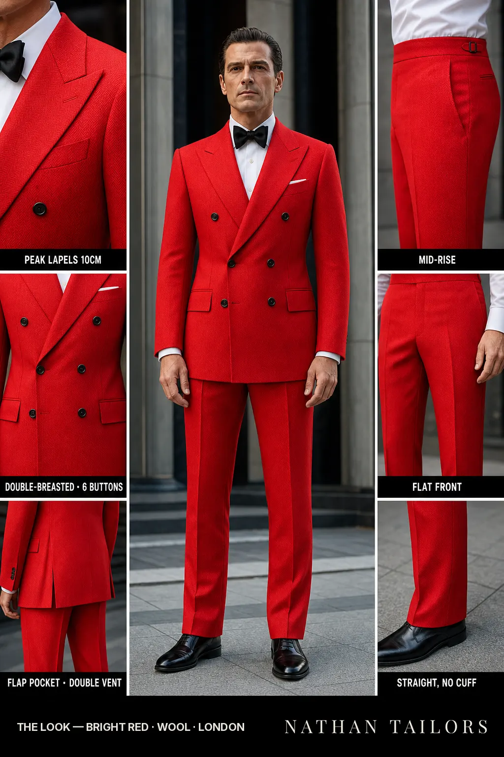 bright red herringbone double-breasted peak-lapel bespoke suit โ AI-rendered by Nathan Tailors, the Hoi An custom tailor. Available as a custom tailored suit from $149.