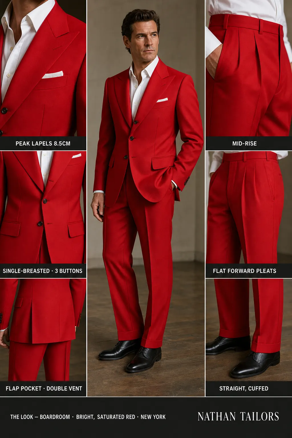 Bright, saturated red single-breasted peak-lapel bespoke suit โ AI-rendered by Nathan Tailors, the Hoi An custom tailor. Available as a custom tailored suit from $149.