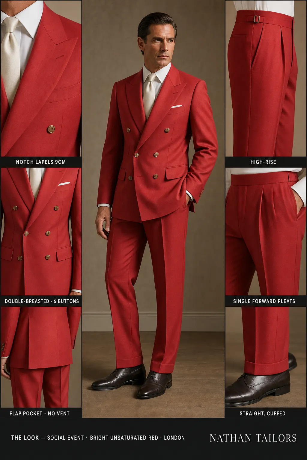 Bright unsaturated red double-breasted notch-lapel bespoke suit โ AI-rendered by Nathan Tailors, the Hoi An custom tailor. Available as a custom tailored suit from $149.