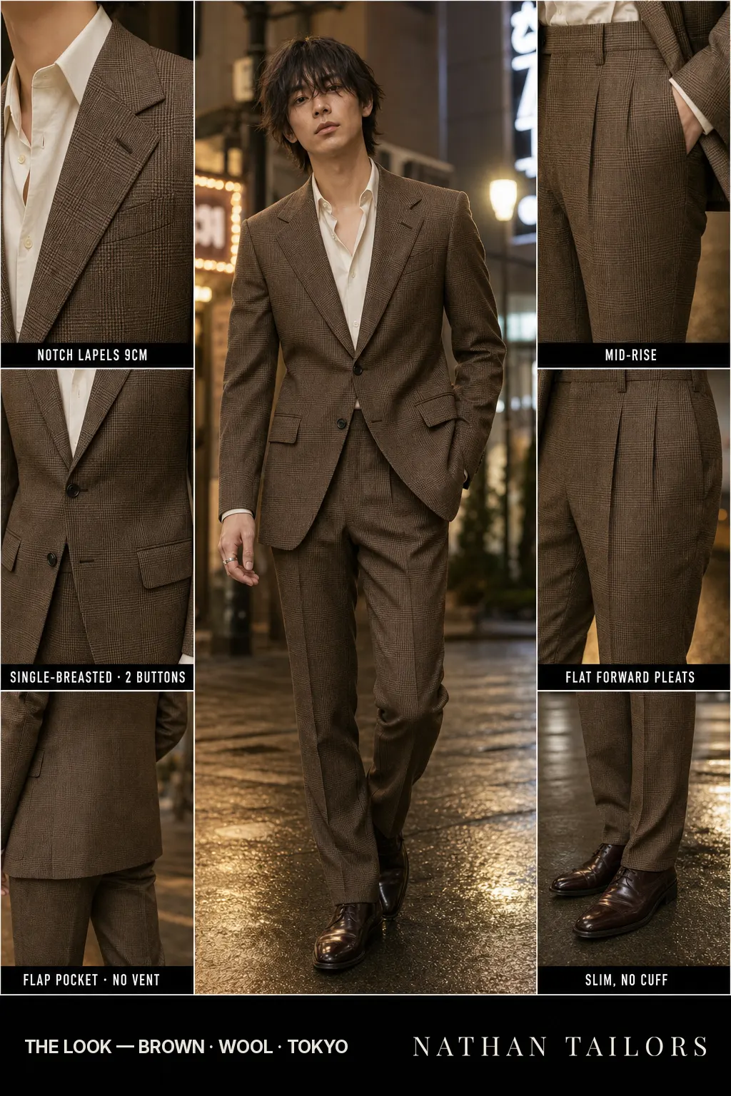 brown glen plaid single-breasted notch-lapel bespoke suit — AI-rendered by Nathan Tailors, the Hoi An custom tailor. Available as a custom tailored suit from $149.