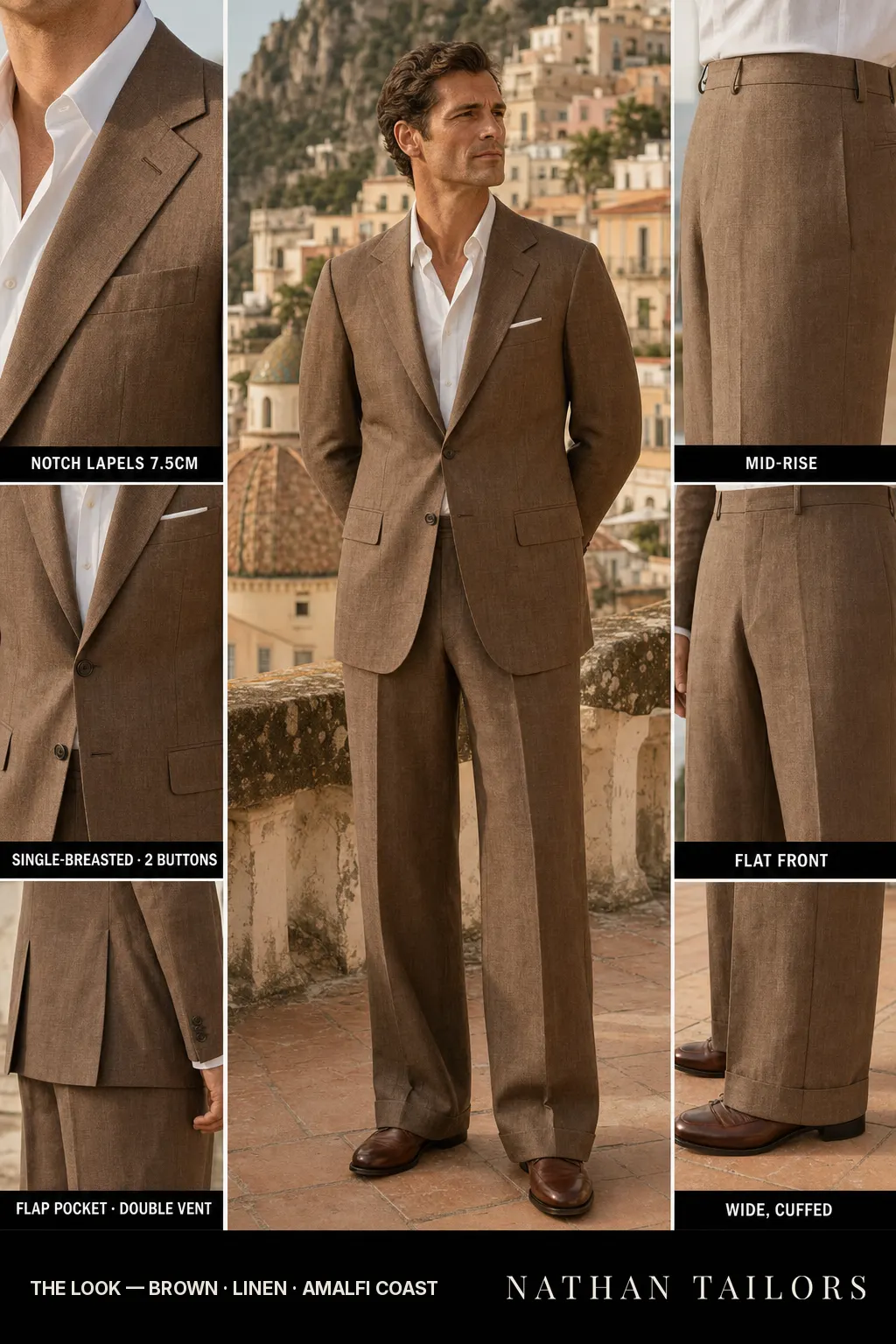 brown single-breasted notch-lapel bespoke suit โ AI-rendered by Nathan Tailors, the Hoi An custom tailor. Available as a custom tailored suit from $149.