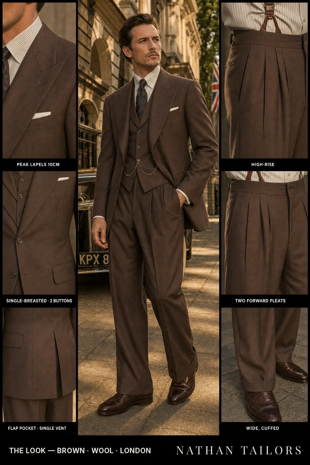 brown single-breasted peak-lapel bespoke suit — AI-rendered by Nathan Tailors, the Hoi An custom tailor. Available as a custom tailored suit from $149.