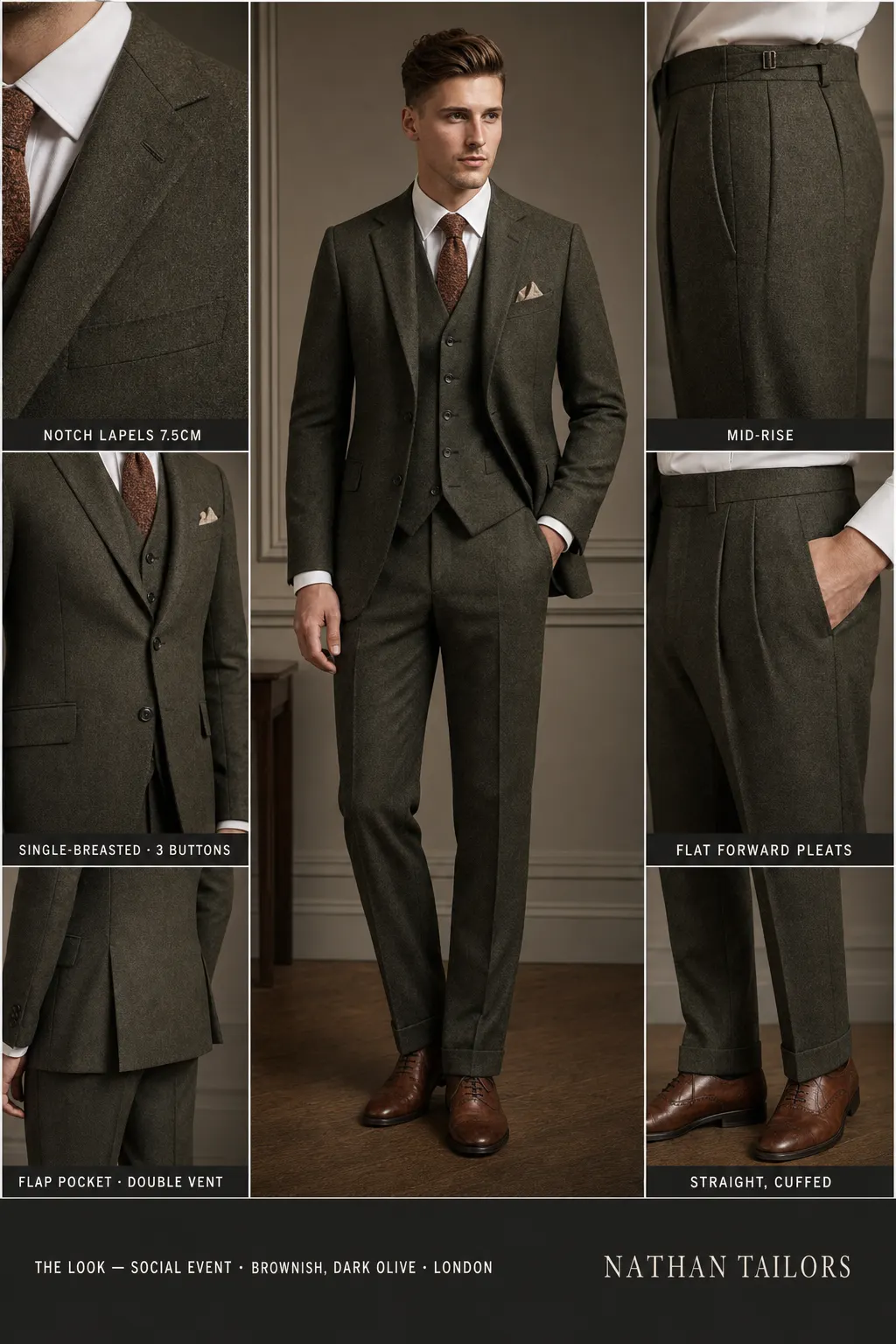 Brownish, Dark Olive single-breasted notch-lapel bespoke suit โ AI-rendered by Nathan Tailors, the Hoi An custom tailor. Available as a custom tailored suit from $149.