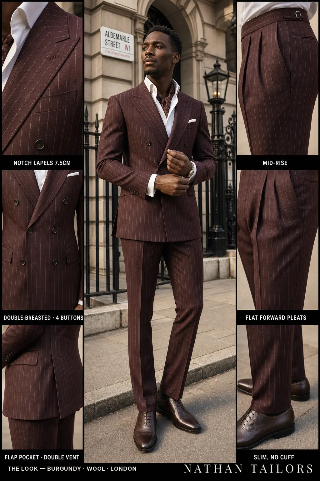 burgundy chalk stripe double-breasted notch-lapel bespoke suit — AI-rendered by Nathan Tailors, the Hoi An custom tailor. Available as a custom tailored suit from $149.