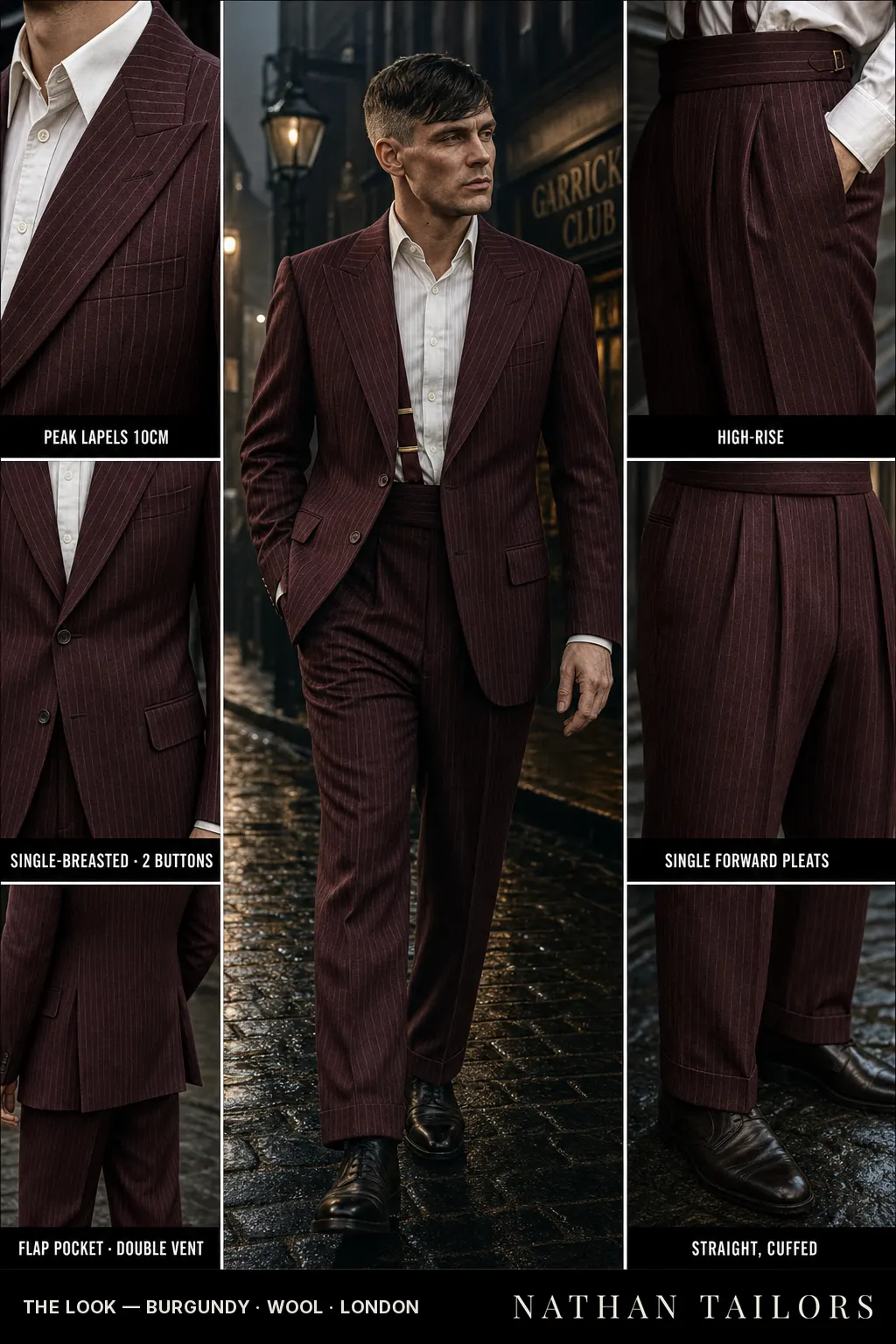 burgundy chalk stripe single-breasted peak-lapel bespoke suit โ AI-rendered by Nathan Tailors, the Hoi An custom tailor. Available as a custom tailored suit from $149.